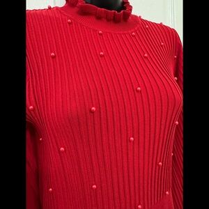Nanette Lepore Red Ribbed A-Line Dress with Bishop Sleeves